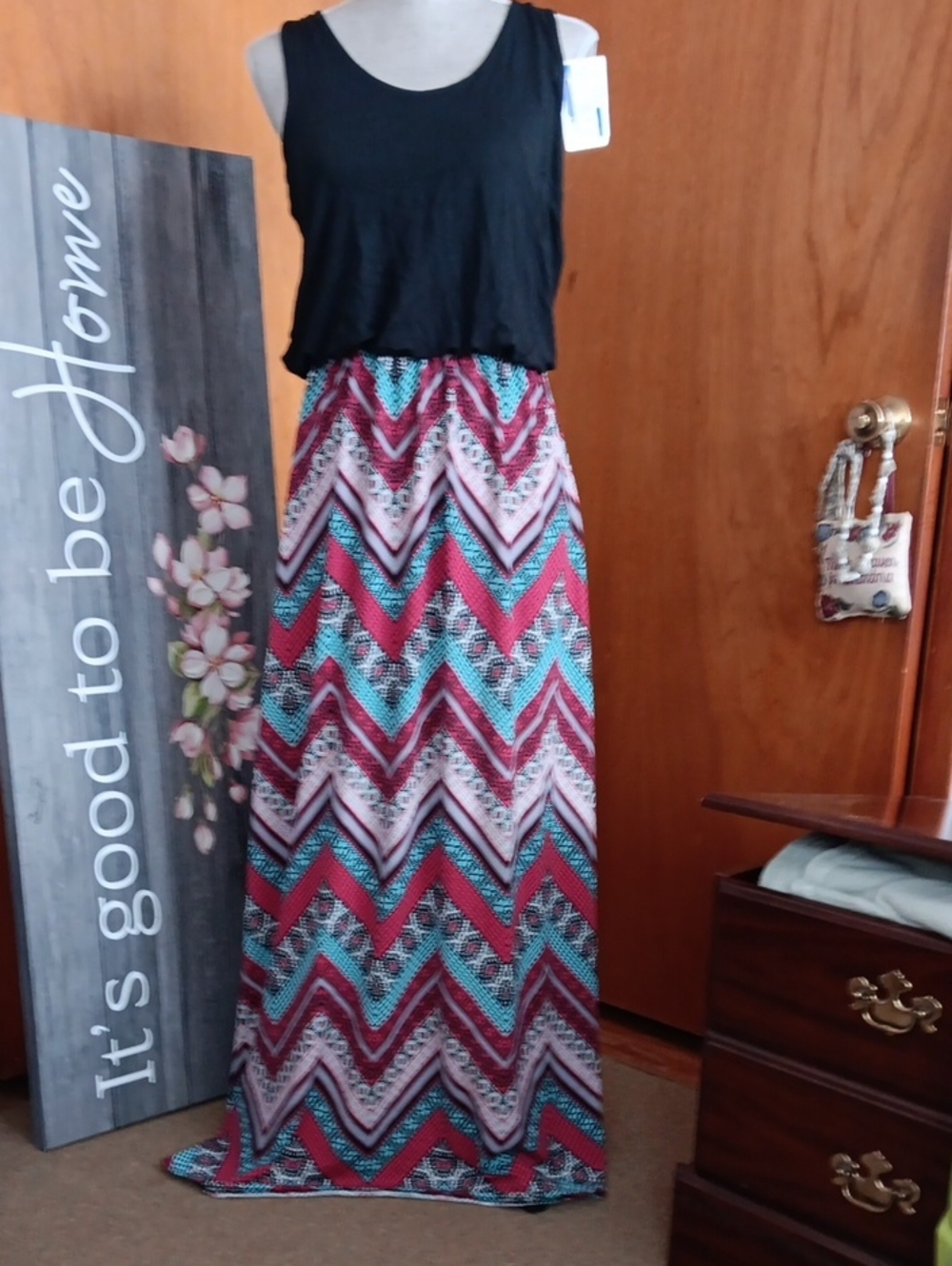 Chevron Print Maxi Dress in Teal and Burgundy